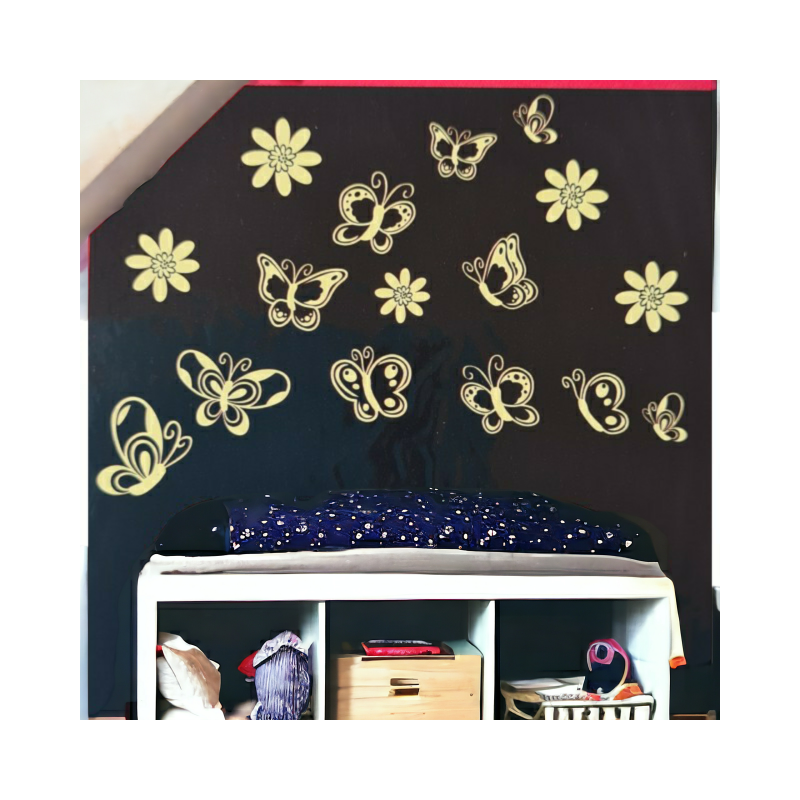 Stenska nalepka fluroscentno rumena, sveti v temi, METULJI