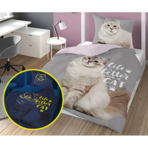 Otroška posteljnina 140X200, LIFE IS BETTER WIT A CAT (sveti v temi)