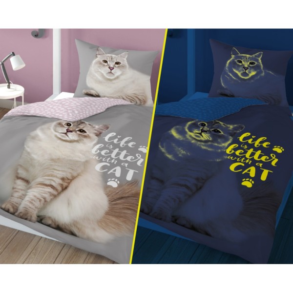Otroška posteljnina 140X200, LIFE IS BETTER WIT A CAT (sveti v temi)