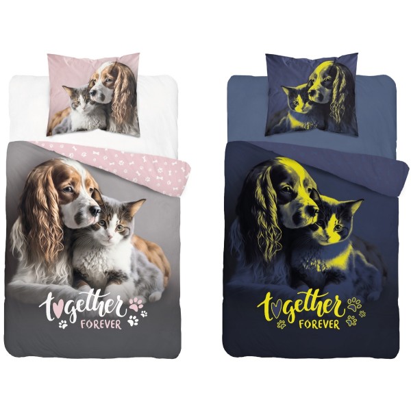 Otroška posteljnina 140X200, KUŽEK Z MUCKO (sveti v temi)