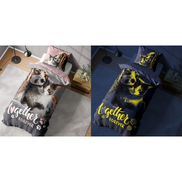 Otroška posteljnina 140X200, KUŽEK Z MUCKO (sveti v temi)