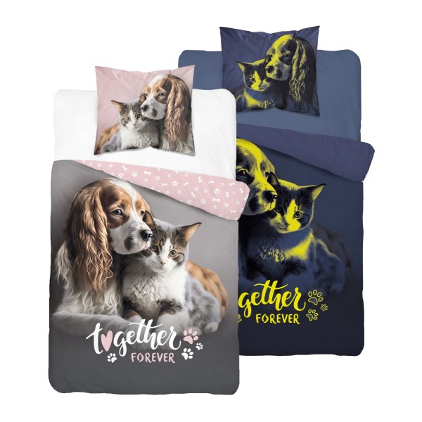 Otroška posteljnina 140X200, KUŽEK Z MUCKO (sveti v temi)