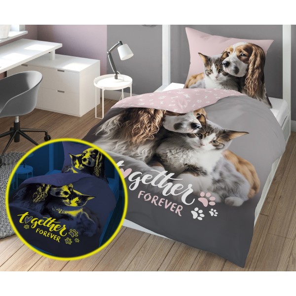 Otroška posteljnina 140X200, KUŽEK Z MUCKO (sveti v temi)