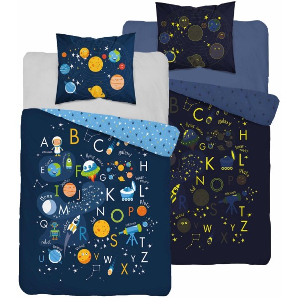 Otroška posteljnina 140x200 VESOLJE IN ČRKE (sije v temi)