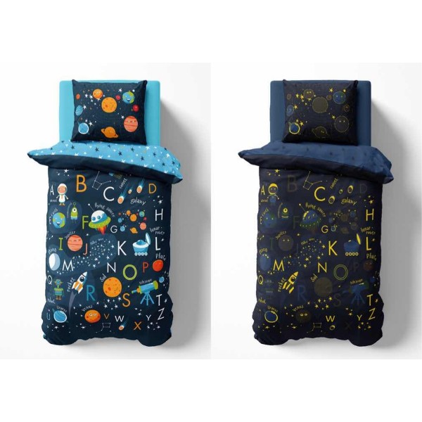 Otroška posteljnina 140x200 VESOLJE IN ČRKE (sije v temi)