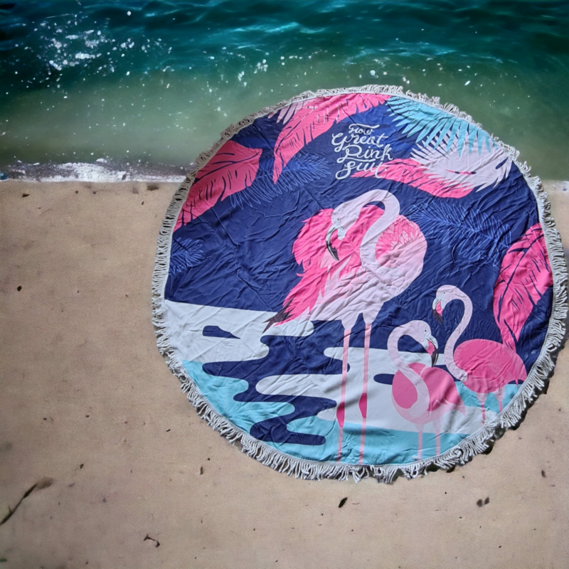 Bombažna okrogla brisača za plažo FLAMINGO BLUE
