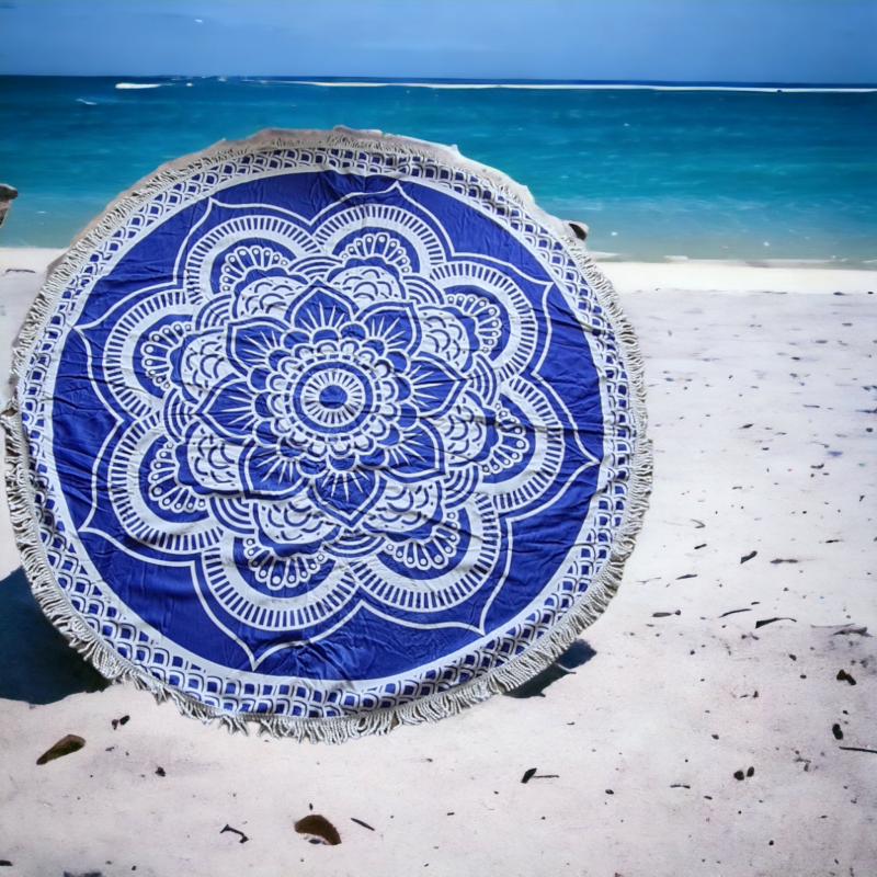 Bombažna okrogla brisača za plažo MANDALA BLUE
