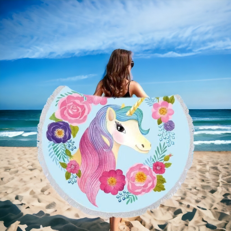 Bombažna okrogla brisača za plažo UNICORN FLOWER