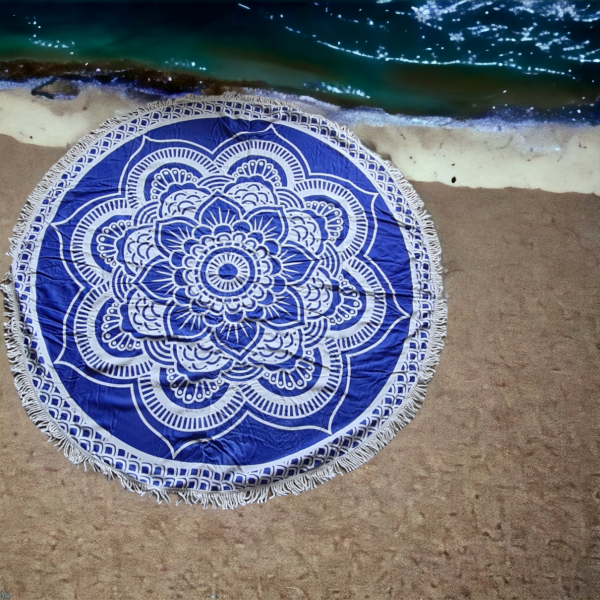 Bombažna okrogla brisača za plažo MANDALA BLUE