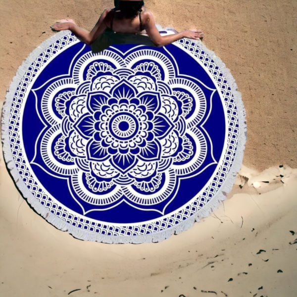 Bombažna okrogla brisača za plažo MANDALA BLUE